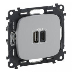 Legrand 754967 Valena Allure Töltőaljzat Kettős USB C-típusú + USB A-típusú csatlakozóval, 5V-3A-15W, Túlfesz-védelem >1kW, Class II SELV, Alumínium ( Legrand 754967 ) (754967)