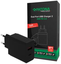 PATONA Premium PD36W fali adapter fekete 5V/3A 9V/2A 12V/1.5A 1xUSB-C 1xUSB-A PD3.0 QC3.0 (PT-2638)