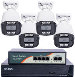 5MP H. 265 IP POE SWITCH 4db-os Bullet 2.8mm Kamerás Biztonsági Rendszer IP66 Vízálló Éjjeli látás Hangrögzítés AI észlelés XmEye Pro App Távoli hozzáférés