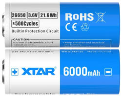 XTAR 26650 3, 6V 6000mAh 21.6Wh védelemmel ellátott Li-ion akkumulátor (Xtar-26650-6000-KT-PCB)