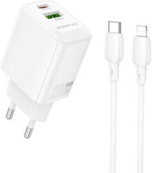 BOROFONE hálózati töltő BN27 Fuente - USB + Type-C - QC 3.0 PD 20W, Type-C Lightning kábellel fehér