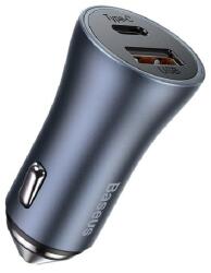 Baseus autós töltő USB+Type-C aljzat (40W, PD gyorstöltő 3.0, LED jelzés) SZÜRKE