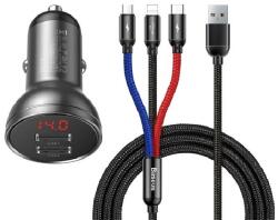 Baseus autós töltő 2 USB aljzat (24W, LED kijelző + lightning/microUSB/Type-C kábel) SZÜRKE