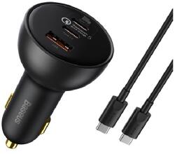Baseus QUALCOMM autós töltő USB+2 Type-C aljzat (100W, PD gyorstöltő 5.0 + Type-C kábel) FEKETE - notebook