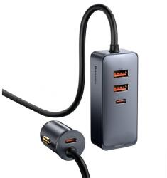 Baseus szivargyújtó adapter (elosztó, 2 USB+2 Type-C aljzat, 24V, 120W, PD gyorstöltő, 150cm) SÖTÉTSZÜRKE