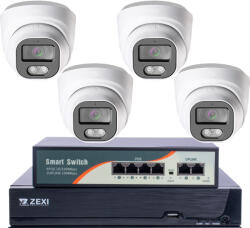 5MP H. 265 IP POE SWITCH 4db-os 2.8mm DOME Kamerás Biztonsági Rendszer IP66 Vízálló Éjjeli látás Hangrögzítés AI észlelés XmEye Pro App Távoli hozzáférés