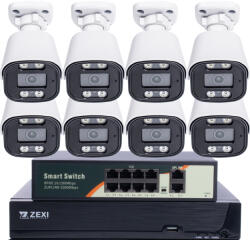 5MP H. 265 IP POE SWITCH 8db-os Bullet 2.8mm Kamerás Biztonsági Rendszer IP66 Vízálló Éjjeli látás Hangrögzítés AI észlelés XmEye Pro App Távoli hozzáférés