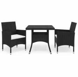 vidaXL 3 részes fekete polyrattan és edzett üveg kerti étkezőszett (3095910)