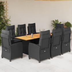 vidaXL 9 részes fekete polyrattan kerti étkezőgarnitúra párnákkal (3212708)