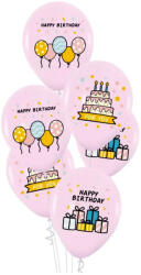 Happy Birthday tortás rózsaszín szülinapi latex lufi 6db-os