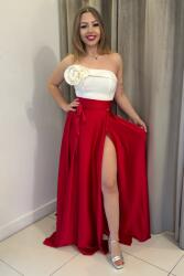 Parisse Piros szatén szoknya hasítékkal Méret: XXXL