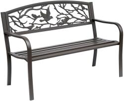Outsunny Vízálló Acél és Öntöttvas Kültéri Kerti Pad, Háttámlával Természetes Mintás Díszítésekkel, 127x60cm, Barna