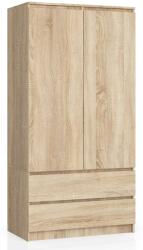 AKORD Széles Gardróbszekrény 90cm 2 Ajtós, 2 Fiókos Dió Sonoma - CLP Rendszer, Matt Befejezés, Laminált Lemez - Modern és Funkcionális Tárolóegység (SCHRANKS902D2SZSONPK)