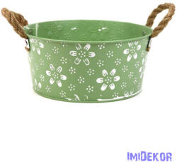 Fehér virágmintás bádog tál 22cm - Zöld