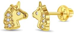 Bebe Gold Cercei din Aur 14k Unicorn Stralucitori cu Zirconiu Cubic Transparent pentru Copii - Inchidere Sigura cu Surub