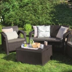 Keter Set mobilier pentru gradina, polipropilena, Keter Corfu Box, pentru terasa, cu masa si spatiu depozitare, 1 canapea, 2 fotolii, maro, rezistent UV si intemperii
