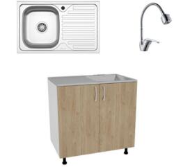 haaus Set Masca Chiuveta Karo, Lemn Natural/Alb, 80 x 50 x 80 cm, Chiuveta Inox, Cuva stanga, Baterie Flexibila (922474)