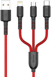 Vipfan USB kábel VFAN X02 3in1 USB-C / Lightning / Micro 3.5A 1.5m (piros) (X02LMT-red) - mi-one