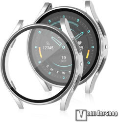 Samsung Galaxy Watch7 40mm, Okosóra műanyag védőtok, keret, 9H edzett üvegfólia, Matt, Ezüst