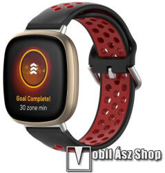  Okosóra szíj - légáteresztő, sportoláshoz, szilikon, 93+135mm hosszú, 140-180mm-es méretű csuklóig ajánlott - FEKETE / PIROS - Fitbit Versa 4 / Versa 3 / Sense / Sense 2