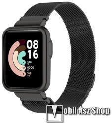  Okosóra milánói szíj / fém tok (bumper) - rozsdamentes acél, mágneses, légáteresztő fém háló kialakítás - FEKETE - 268mm hosszú - Xiaomi Mi Watch Lite / Xiaomi Redmi Watch
