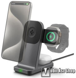 Spigen ONETAP PRO3 3 az 1-ben Apple Watch, Airpods és iPhone asztali tartó, Qi Wireless töltő funkcióval, 15W, MagSafe támogatás, Gyorstöltés támogatás, Apple Watch töltő nem tartozék, Type-C port, Fekete (A