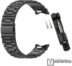 Fém okosóra szíj, Rozsdamentes acél, Csatos, Gombos gyorskioldó, 197mm hosszú, Stift kinyomó szerszámmal, Fekete, Samsung Galaxy Watch4, Watch5, Watch5 Pro, Watch6, Watch7