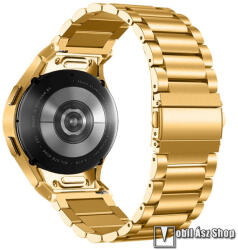 Fém okosóra szíj, Rozsdamentes acél, Csatos, Gombos gyorskioldó, 200mm hosszú, Arany, Samsung Galaxy Watch FE, Watch4, Watch5, Watch5 Pro, Watch6, Watch7