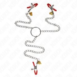 Kink Nipple Grip Kink - Csengő Hármas Mellbimbó és Csikló Bilincs Piros Lánccal 30 Cm (d-240989)