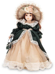 Art-Pol Különleges barna hajú porcelán baba korhű krém-fekete színű ruhában kézitáskával 44x28x33cm (177057)