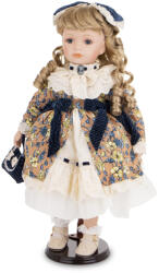 Art-Pol Különleges szőke hajú porcelán baba korhű barna színű virágos ruhában kézitáskával 43x26x26cm (177056)