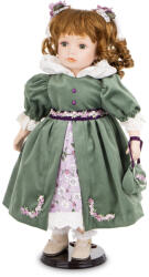 Art-Pol Különleges barna hajú porcelán baba korhű zöld-lila ruhában kézitáskával 46x28x26cm (177053)