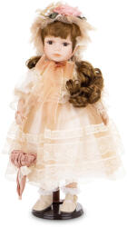 Art-Pol Különleges barna hajú porcelán baba korhű barna-fehér ruhában esernyővel 49x30x30cm (177054)