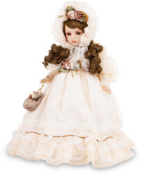 Art-Pol Különleges barna hajú porcelán baba korhű krémfehér ruhában kézitáskával 46x35x35cm (177052)