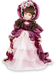 Art-Pol Különleges barna hajú porcelán baba korhű bíborvörös-fehér ruhában kézitáskával 45x38x35cm (177047)