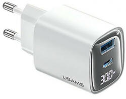 USAMS CC229 Type-C, USB-A hálózati töltő kijelzővel 30W fehér (CC229TC02)