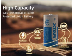 XTAR 16340 850mAh 3, 7V Li-ion akkumulátor RCR123A tölthető fotóelem (XTAR-16340-850mAh)