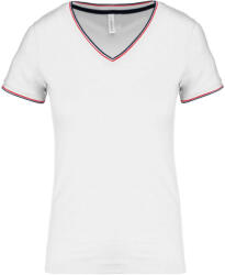 Kariban Női V-nyakú piké póló, csíkos szélekkel, Kariban KA394, White/Navy/Red-L (ka394wh-nv-re-l)