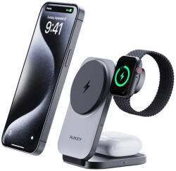 AUKEY Magnetic Wireless Charger 3 in 1 MagFusion Aukey LC-MC312, 15W Qi2 (gray) (LC-MC312) - scom