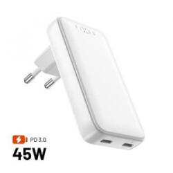 FIXED Slim Travel 2xUSB-C hálózati töltő PD támogatással, 45W fehér (FIXCG45S-2C-WH) (FIXCG45S-2C-WH)