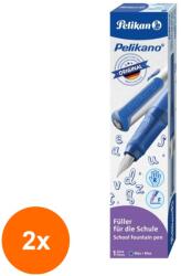 Pelikan Set 2 x Stilou Pelikano, Penita F, Grip Ergonomic, pentru Dreptaci, cu 1 Patron Mare, Albastru, in Cutie de Carton (REH-2xHRZ-824453)