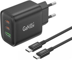 FONENG fali töltő GaN10-EU - USB + 2xType C - QC 4.0+ PD 65W Type C to Type C kábel fekete