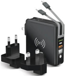 Hálózati töltő adapter + külső akkumulátor, 10000 mAh, 20W, USB aljzat, USB Type-C aljzat, beépített USB Type-C és Lightning kábellel, Vezeték nélküli töltővel, LED kijelzővel, Forcell, fekete