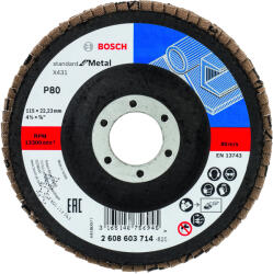 Bosch X431 legyező csiszolótárcsa, Standard for Metal X431 Standard for Metal, egyenes, üvegszövet alátéttányér, 115x22.23mm, szemcsézet 80 (2608603714)