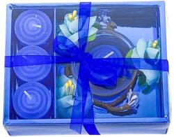  Set 4 lumanari cu vas si flori, forma cadou, albastru, 12x15 cm (set4lumalbastru)