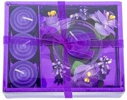  Set 4 lumanari cu vas si flori, forma cadou, mov, 12x15 cm (set4lummov)