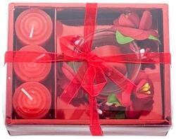  Set 4 lumanari cu vas si flori, forma cadou, rosu, 12x15 cm (set4lumrosu)