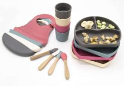 BabyJem Set diversificare 4 piese din silicon: bavetica, farfurie, lingurita si pahar, Gri, BabyJem Set pentru masa bebelusi