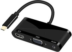 HOPE R Hub 3 in 1 USB 3.1 Type-C la HDMI 4K 60Hz, VGA si port audio 3.5mm, negru, HOPE R (HU31HVAHP)