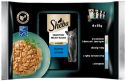 Sheba Selection Select Slices Fish Flavours 4x85g teljes értékű nedves macskaeledel szószos darabokban lazaccal és fekete tőkehallal, fehér hal, óceáni hal, tőkehal